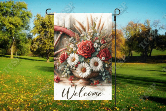 Download Wagon Wheel Floral Welcome Garden Flag - Floral Collection